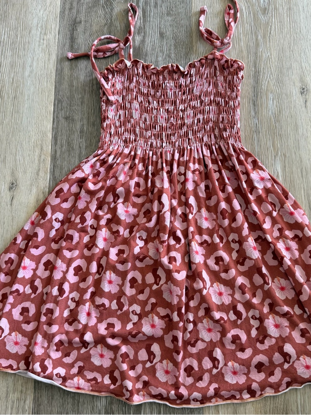 Sweet Honey Hawaii Smocked Tie-Strap Hibiscus Leopard Print Dress - Pink & Brown